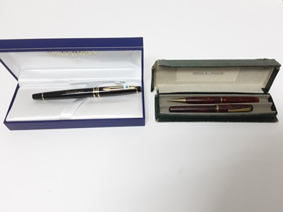 Lot 220 - Waterman fountain pen in original box, vintage fountain pen with 14ct gold nib, Marie Todd pencil, two other pens and two Halcyon Days enamel boxes
