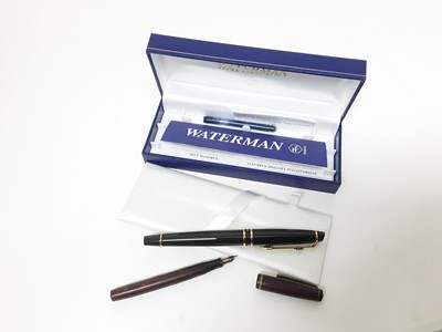 Lot 220 - Waterman fountain pen in original box, vintage fountain pen with 14ct gold nib, Marie Todd pencil, two other pens and two Halcyon Days enamel boxes