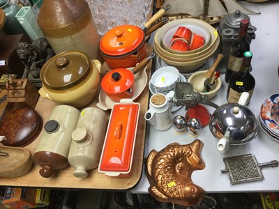 Lot 330 - LeCruset pans, stoneware hot water bottles, Chinese Pewter teacaddy and sundries