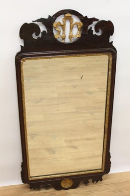 Lot 919 - George II style fret carved mahogany wall mirror, rectangular shaped plate in gilt slip and fret frame with shell shaped pierced fret sting, 96 x 47cm