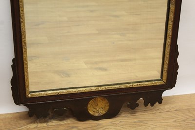 Lot 919 - George II style fret carved mahogany wall mirror, rectangular shaped plate in gilt slip and fret frame with shell shaped pierced fret sting, 96 x 47cm