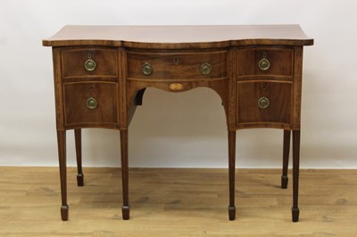 Lot 1477 - George III mahogany and satinwood banded serpentine sideboard of small proportions