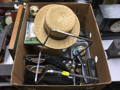 Lot 334 - Paddington Bear toy, binoculars, strawboater and sundry items (2 boxes)