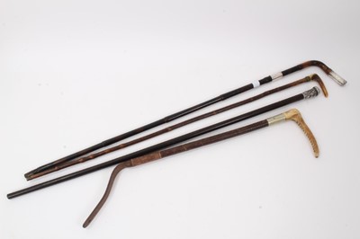 Lot 760 - 19th century Anglo-Chinese silver mounted ebony cane cane, two other canes and riding crop