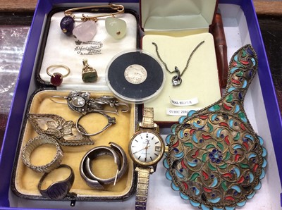 Lot 717 - Omega Ladymatic vintage wristwatch, Victorian seal fob, silver jewellery, enamelled white metal small hand mirror and other bijouterie