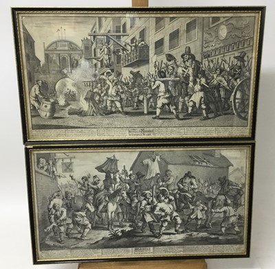 Lot 226 - Pair of Hogarth framed 18th Century engravings, Humorous and Satirical. Hudibras, encounters the shimmington, burnign yr rompos at temple bar