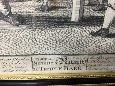 Lot 226 - Pair of Hogarth framed 18th Century engravings, Humorous and Satirical. Hudibras, encounters the shimmington, burnign yr rompos at temple bar