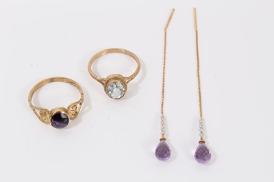 Lot 21 - Pair 9ct gold amethyst and diamond threader earrings and two 9ct gold gem set rings
