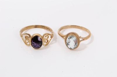 Lot 21 - Pair 9ct gold amethyst and diamond threader earrings and two 9ct gold gem set rings