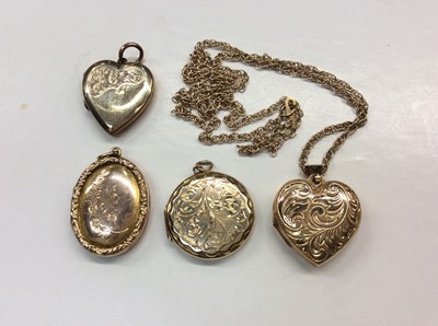 Lot 668 - Four 9ct gold locket pendants and 9ct gold chain