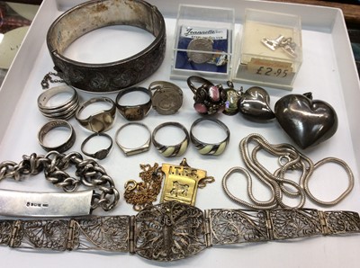 Lot 670 - Group silver and white metal jewellery including identity bracelet, bangle, rings, heart shaped pendants and silver gilt Ipswich Town FC pendant on chain