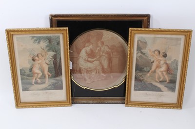 Lot 877 - Pair of early 19th century French coloured stipple engravings after Bartolozzi, another stipple engraving