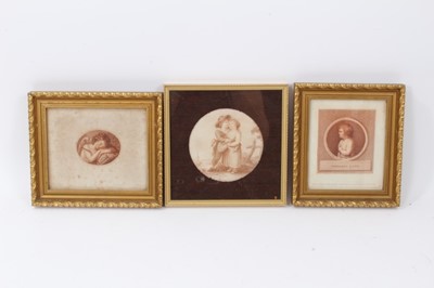 Lot 878 - Small sepia Regency priod engraving 'innocent look' together with circular sepia engraving, two children with church spire in background, together with tiny oval sepia engraving of winged child sle...