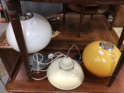 Lot 239 - Vintage lighting, four with plastic shades and one enamel, including a floor lamp,, table lamp and three ceiling lights