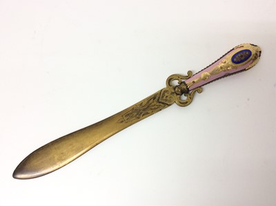 Lot 352 - 19th century Continental gilt metal and pink enamel letter opener/page turner with engraved decoration