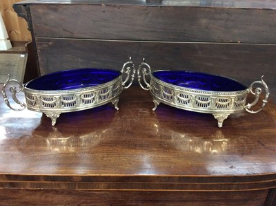 Lot 353 - Pair19th century silver plated fruit bowls with pieced Adams style decoration and blue glass liners