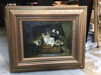 Lot 243 - Framed painting of cats in a basket, signed H. Marcel, 39.5cm x 29.5cm, 62.5cm x 52.5cm inc. frame