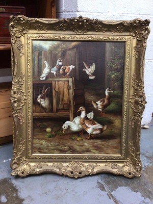 Lot 370 - Gilt framed painting of birds and a rabbit, 49.5cm x 39.5cm, 67.5cm x 57.5cm inc. frame