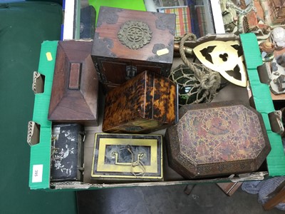 Lot 395 - Islamic box decorated with figures, simulated tortoiseshell wood tea caddy, brass trivet and wooden boxes