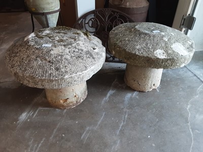 Lot 1106 - Pair of low concrete staddle stones, 40cm high, 52cm diameter