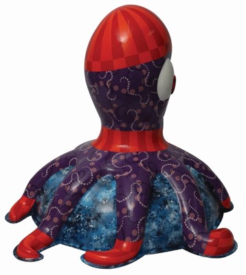 Lot 9 - Octo-brrr! by Amy Bourbon – Purple octopus character on blue base with woolly hat, scarf and gloves
