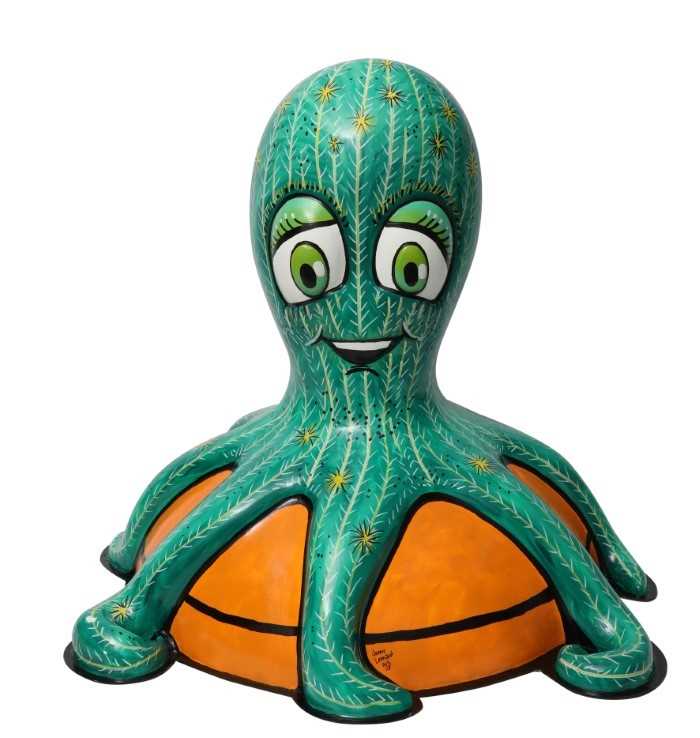 Lot 18 - Cactopus! by Jenny Leonard – Bright green cactus character on orange plant pot