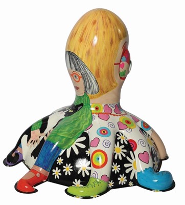 Lot 19 - Claire Loves Alan by Traci Moss – Cheerful Grayson Perry-inspired character with patterns, cat and teddy bear