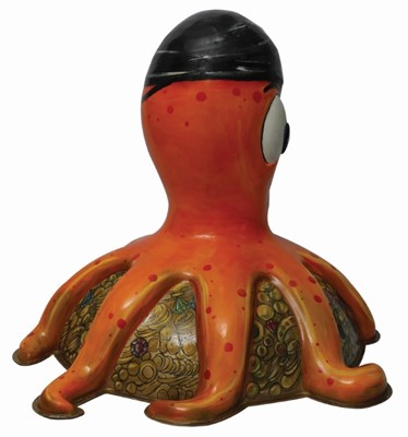 Lot 22 - Octopirate by Deven Bhurke – Jolly, orange pirate character with bandana and eyepatch, on a base of found treasures