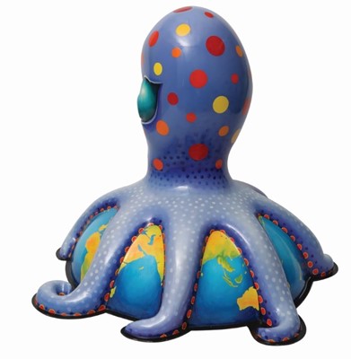 Lot 23 - Alien by Sue Guthrie – Friendly alien octopus character, with purple skin and spots, on planet Earth base