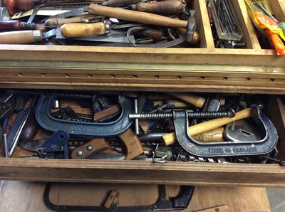 Lot 592 - Large wooden tool chest containing old hand tools, saws etc