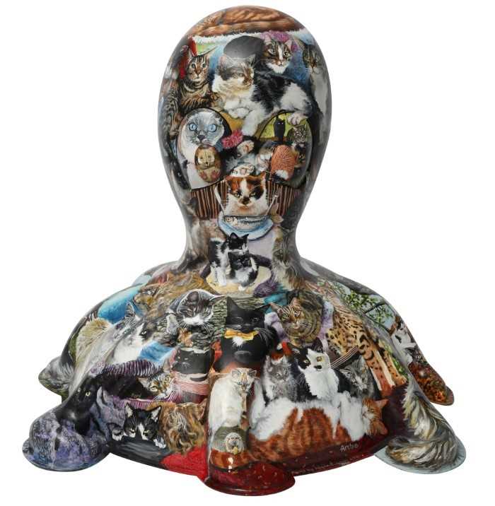 Lot 30 - Facebook Felines by Alison Burchert – Hyperrealistic cat portraits, with their names, covering entirety of sculpture