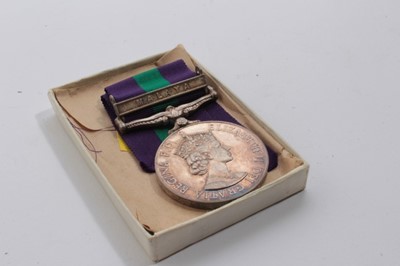 Lot 708 - Elizabeth II General Service medal (Pre 1962 type) with one clasp- Malaya, named to S/23140783 PTE. P. Emmerson. RASC. Together with box of issue