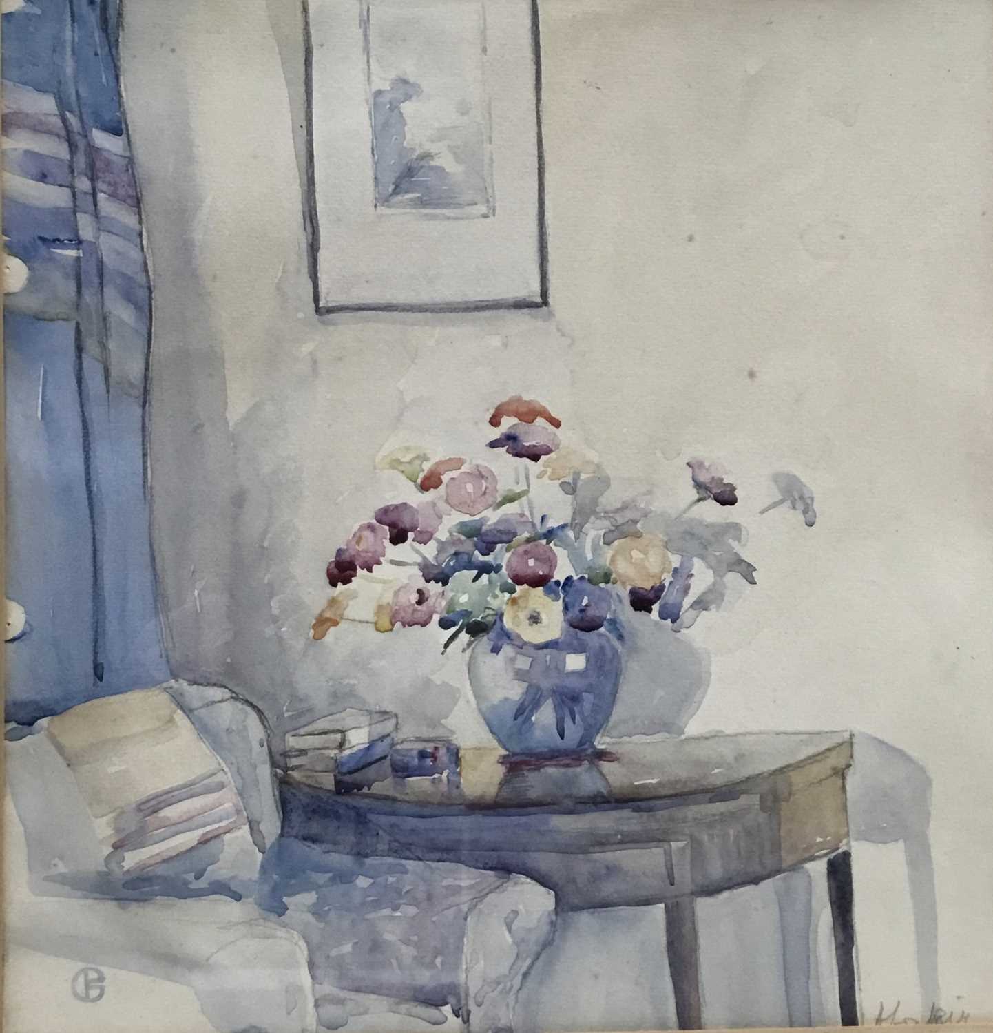 Lot 73 - Mid 20th century watercolour of a interior with vase of flowers, indistinctly signed, together with a 1950s watercolour of a Colchester street scene, signed (the artist believed to have been a Poli...