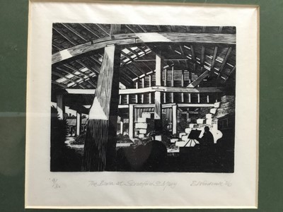 Lot 340 - B Woodcock, wood engraving, The barn at Stratford St Mary, together with four various pictures