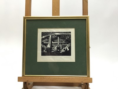 Lot 340 - B Woodcock, wood engraving, The barn at Stratford St Mary, together with four various pictures
