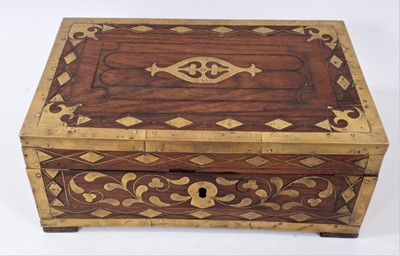 Lot 814 - 19th Century Anglo Indian brass bound teak writing / stationery box with ornate inlaid brass decoration.