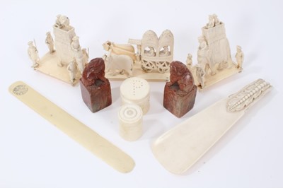 Lot 768 - Group of antique ivory to include three processional figures, tow carved soapstone figures and other items