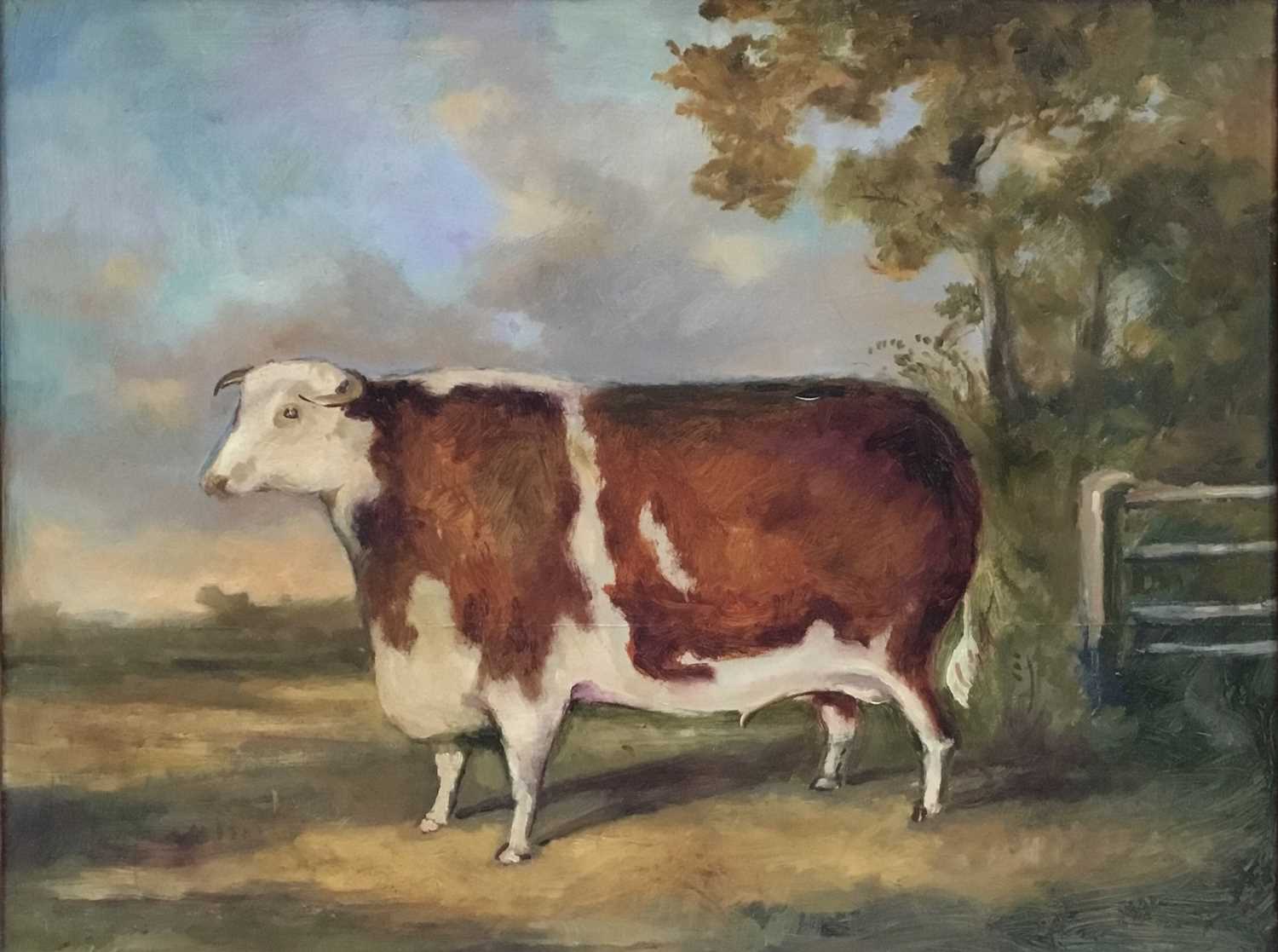 Lot 76 - 19th century style oil on board - specimen bull, 37 x 46cm, in 19th century rosewood frame
