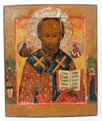 Lot 879 - St Nicholas of Myra, 18th Century Russian polychrome painted Icon