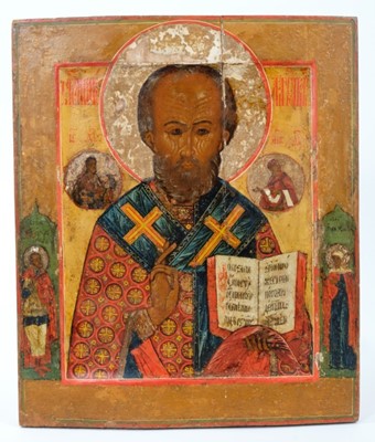 Lot 861 - St Nicholas of Myra, 18th Century Russian polychrome painted Icon