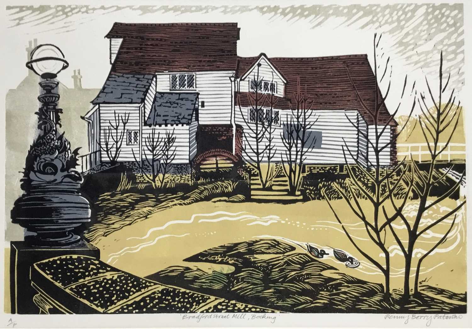 Lot 161 - Penny Berry Paterson (1941-2021) linocut print, Bradford Street Mill, Bocking, signed and numbered A/P, 30 x 42cm, with mount