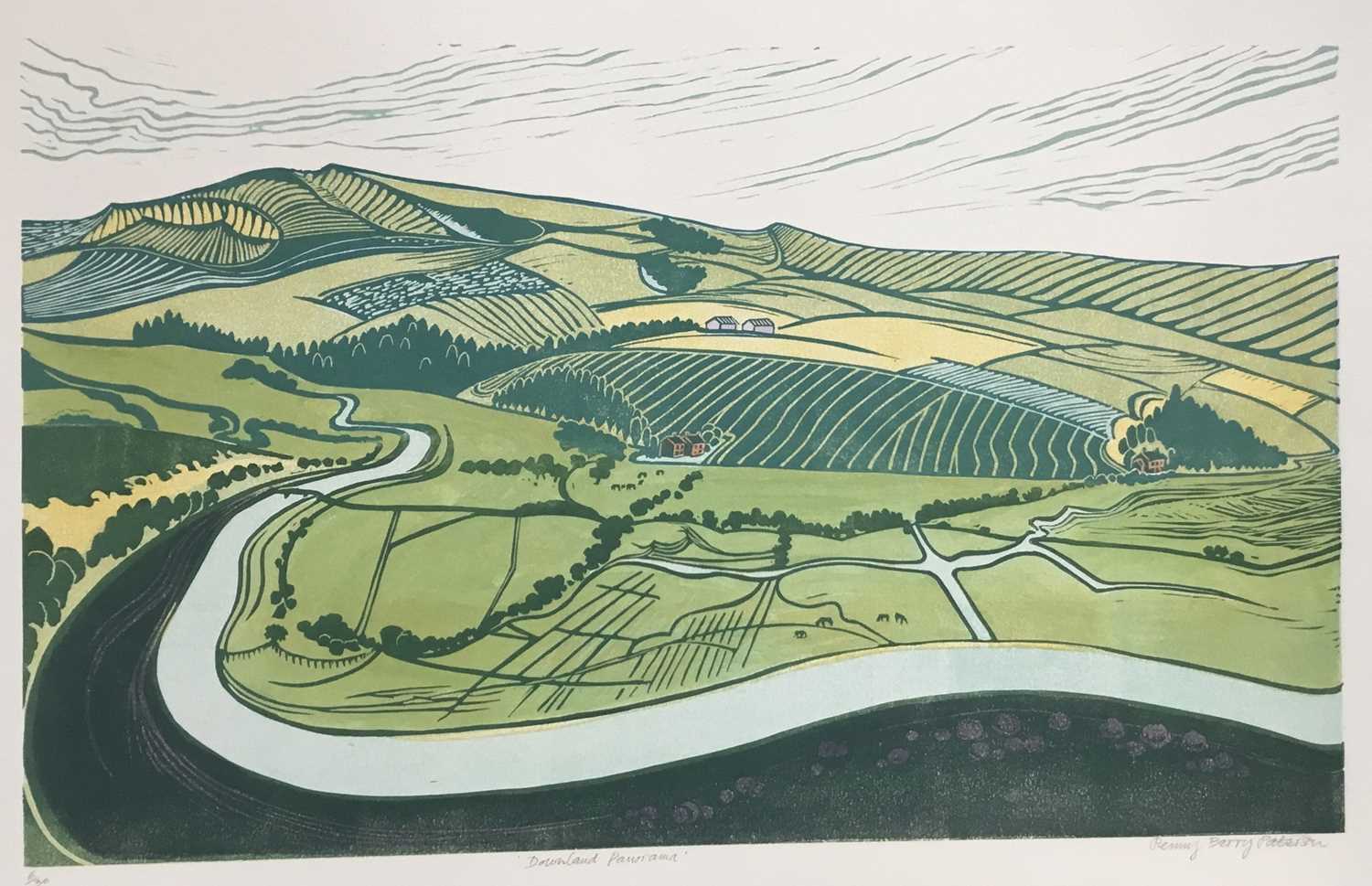 Lot 162 - Penny Berry Paterson (1941-2021), colour linocut print, Downland landscape, signed and numbered 6/30, image 31 x 52cm