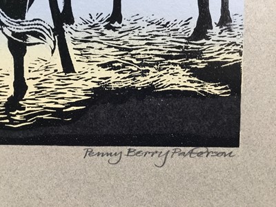 Lot 168 - Penny Berry Paterson (1941-2021) colour linocut print, Winter Food III, signed and numbered A/P, image 51 x 23cm