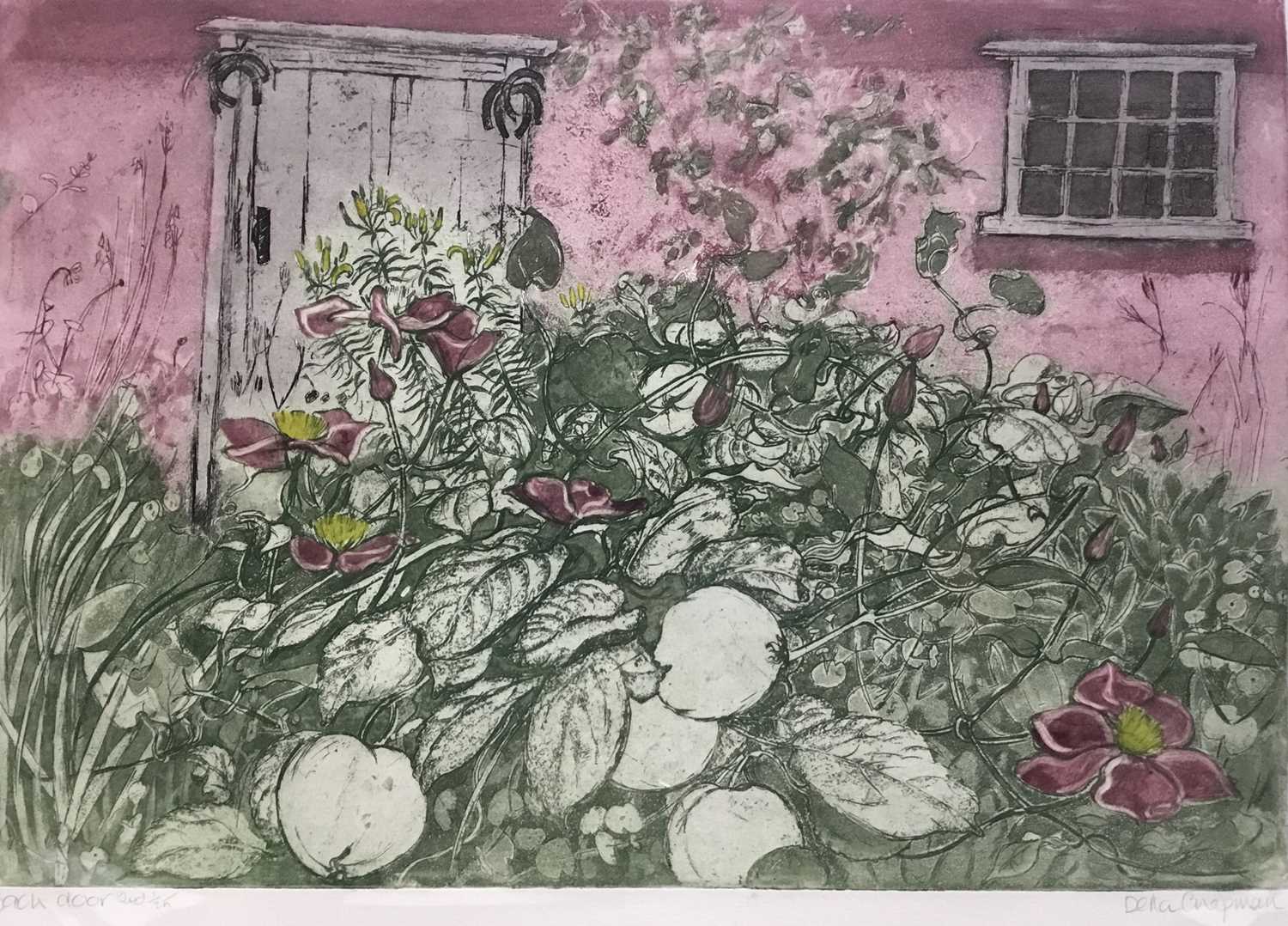 Lot 173 - Della Chapman (contemporary) etching and aquatint, Back Door 2nd Edition, signed, 31 x 44cm, together with a group of etchings by local artists. (5)