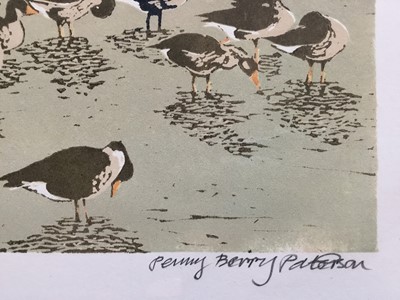 Lot 175 - Penny Berry Paterson (1941-2021) colour linocut print, Geese at Titchwall Marshes, signed and numbered 2/13, 23 x 48cm