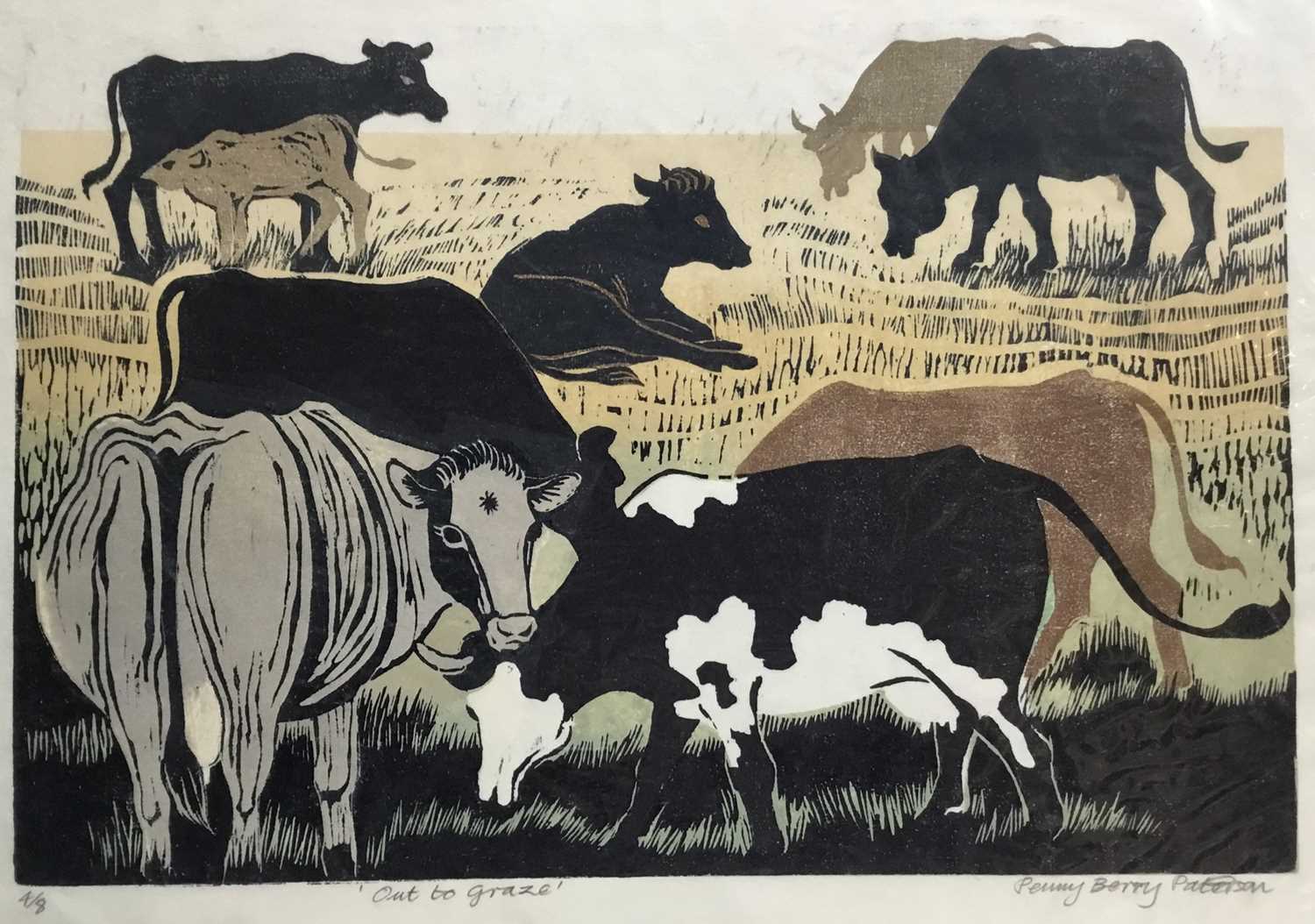 Lot 176 - Penny Berry Paterson (1941-2021) colour linocut print, Out to graze, signed and numbered 4/8, 30 x 42cm
