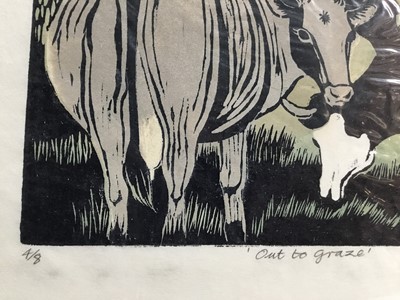 Lot 176 - Penny Berry Paterson (1941-2021) colour linocut print, Out to graze, signed and numbered 4/8, 30 x 42cm