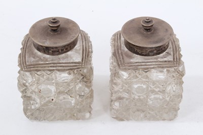 Lot 323 - Victorian silver desk ink stand of rectangular form with a pair of silver mounted cut glass inkwells