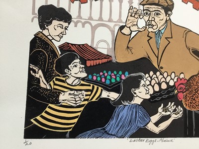 Lot 178 - Penny Berry Paterson (1941-2021) colour linocut print, Easter eggs, Mainz, signed and numbered 1/20, 22 x 32cm