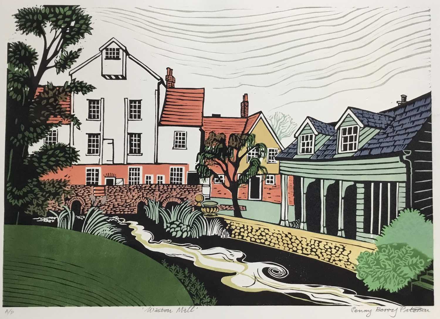 Lot 181 - Penny Berry Paterson (1941-2021) colour linocut print, Wiston Mill, signed and numbered A/P. 29 x 41cm